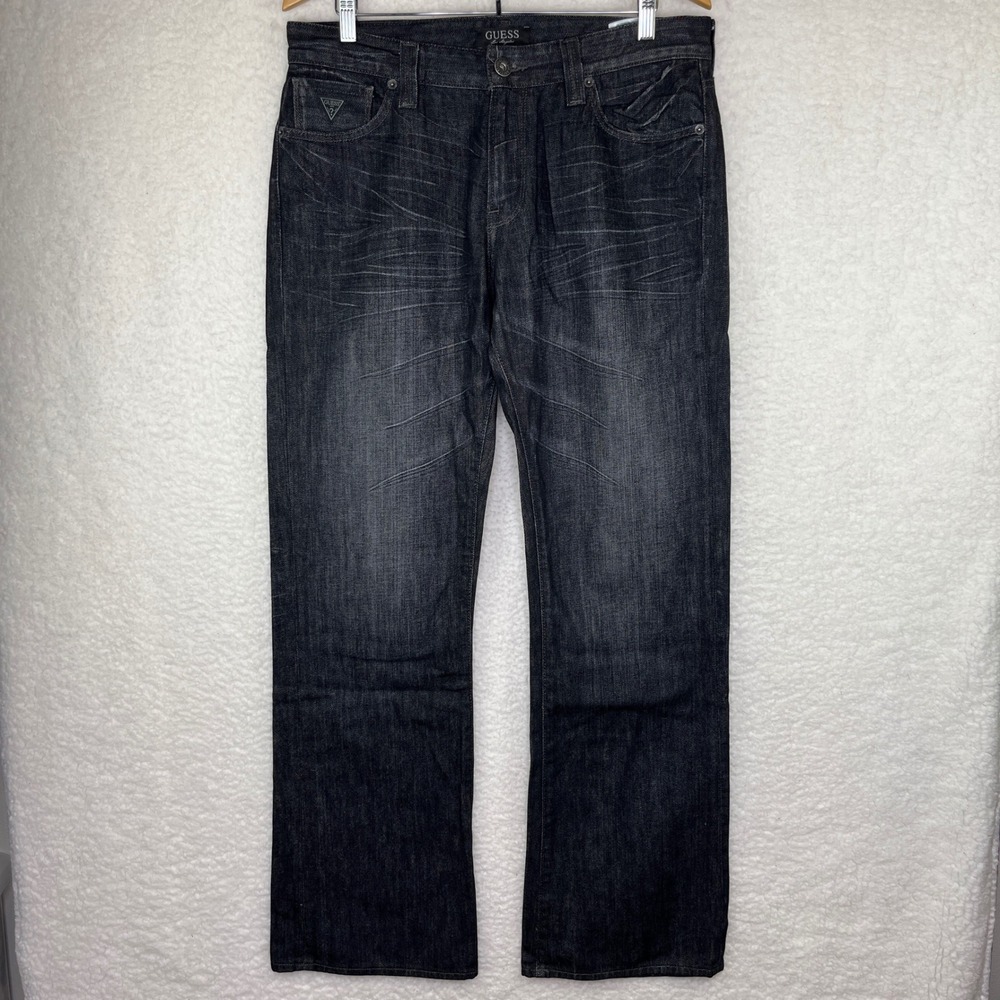 Guess Cliff Relaxed Boot Mens Black Dark Wash Whiskered Straight Leg Jeans 34x32